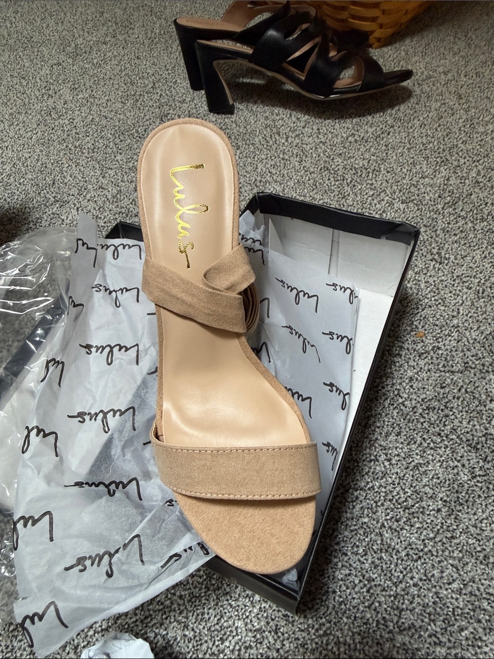 Lulu's Tan Suede Crossover Slide Heels
